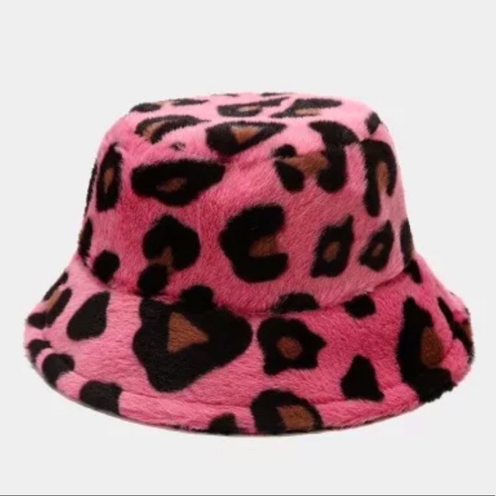 Pink Leopard Print Faux Fur Fluffy Plush Festival Statement Winter Bucket Hat - Picture 3 of 3